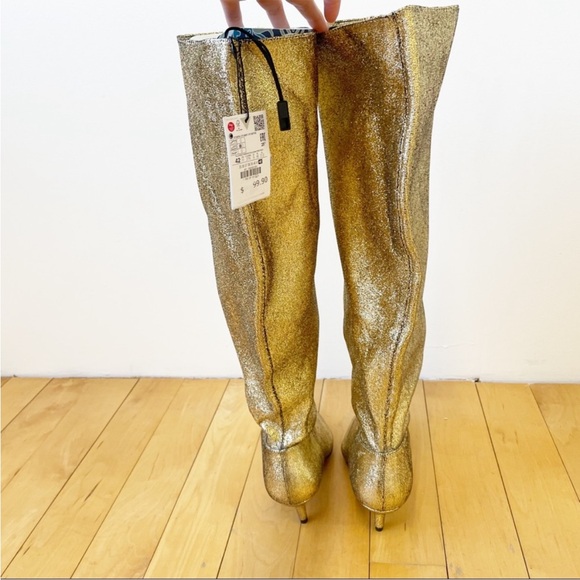 NWT ZARA GOLD METALLIC KITTEN HEEL POPULAR RUNWAY/VOGUE STYLE TALL BOOTS - Picture 9 of 14